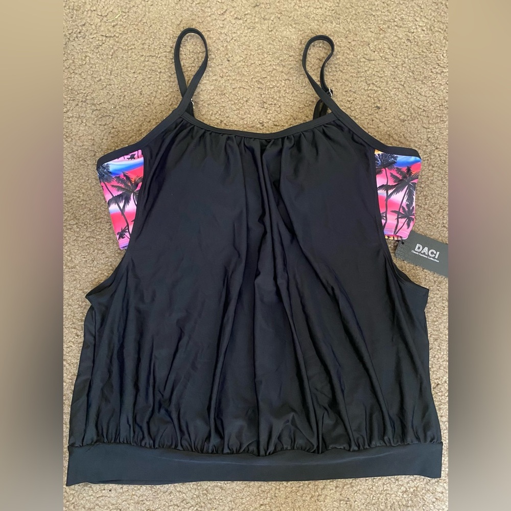 NWT Daci Size 18W Black Multicolored Tropical Open Side Cut Out Blouson Tankini